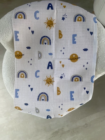 80 x 90 Unisex Bebek Battaniyesi - Renkli Alfabe & Gökyüzü Desenli Müslin - 2