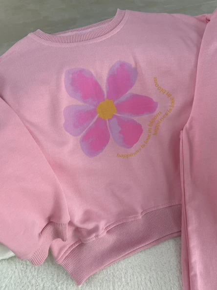 Kız Çocuk Sweatshirt & Pantolon Takımı – Çiçek Baskılı, Pembe - 4