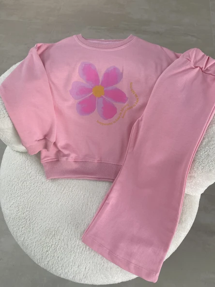 Kız Çocuk Sweatshirt & Pantolon Takımı – Çiçek Baskılı, Pembe