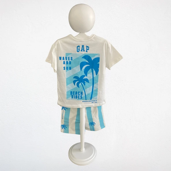 Çocuk Yazlık Takım – Palmiye Desenli Mavi & Beyaz - Resim 4