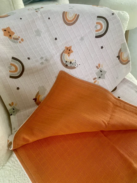 80 x 90 Unisex Bebek Battaniyesi - Turuncu & Hayvan Figürlü Müslin