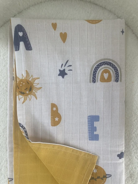 80 x 90 Unisex Bebek Battaniyesi - Renkli Alfabe & Gökyüzü Desenli Müslin - 6