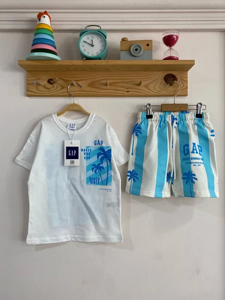 Çocuk Yazlık Takım – Palmiye Desenli Mavi & Beyaz ürün görseli