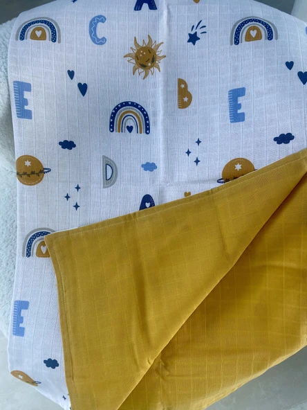 80 x 90 Unisex Bebek Battaniyesi - Renkli Alfabe & Gökyüzü Desenli Müslin - 7