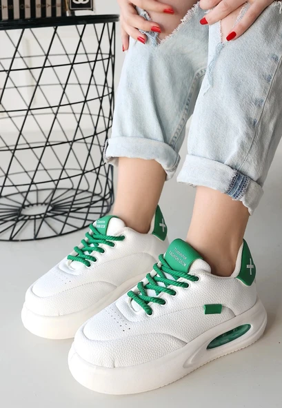 Chris Beyaz Cilt Yeşil Detaylı Bağcıklı Kadın Spor Ayakkabı - Resim 2