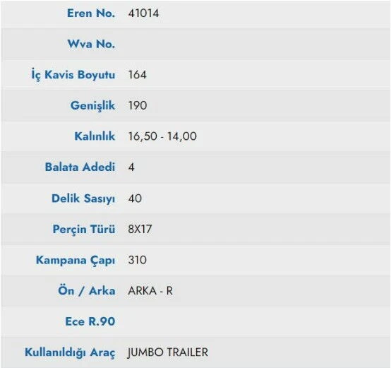 KAMPANA BALATA JUMBO TREYLER 19 GENISLIK 19604 ürün görseli