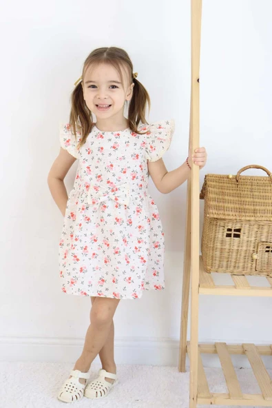 ESİLA KİDS Kız Çocuk Elbise Bayramlık Elbise Çiçek Desenli Fiyonk Detaylı Büzgülü Kollu 3-6 Yaş - Resim 9