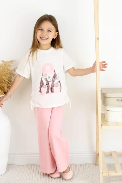 ESİLA KİDS Kız Çocuk Takım Şapkalı Kız Baskılı Tişört Ve Bej Bol Paça Pantolon Alt Ve Üst Takım 6-13 Yaş - 7