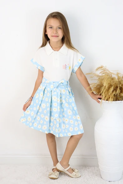 ESİLA KİDS Kız Çocuk Takım Polo Yaka Çiçek Desenli Kemerli Pileli Etek 2’li Takım Yazlık Kombin 4-8 yaş - 4
