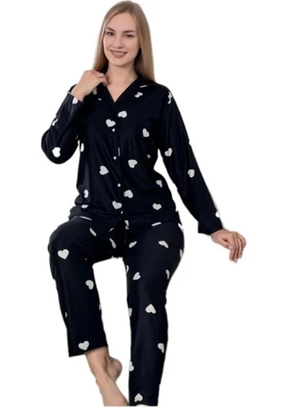 Valeriano Notte Süet Kumaş Kışlık Gömlek Yaka Kalpli Kadın Pijama Takımı Yumuşak Ev Giyim ürün görseli