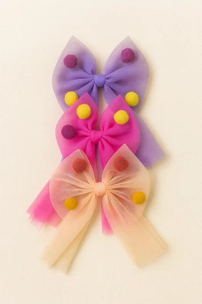 ESİLA KİDS Kız Çocuk Toka Renkli Ponponlu Tül Fiyonk Lastikli Toka 3 'lü Set - 4