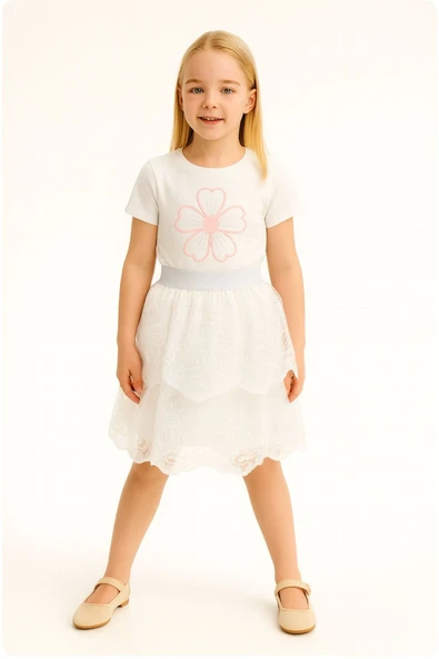 ESİLA KİDS Kız Çocuk Takım Çiçek Nakışlı Tişört ve Kat Kat Dantel Etekli - Resim 6