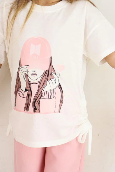 ESİLA KİDS Kız Çocuk Takım Şapkalı Kız Baskılı Tişört Ve Bej Bol Paça Pantolon Alt Ve Üst Takım 6-13 Yaş - 10