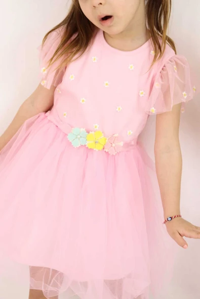 ESİLA KİDS Kız Çocuk Elbise Kemerli Kolu Fırfırlı Tüllü Elbise Astarı Penye Özel Günler Için 2-6 Yaş - Resim 3