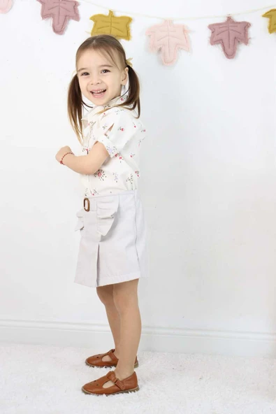 ESİLA KİDS Kız Çocuk Etekli Şortlu Takım Bayramlık Çiçek Desenli Gömlek 3-6 Yaş - 9