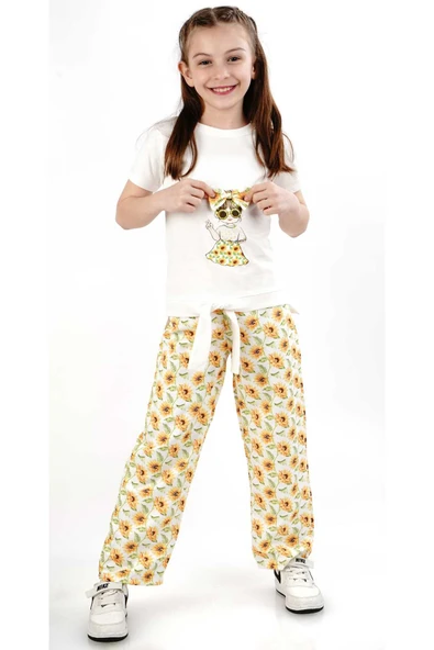 ESİLA KİDS Kız Çocuk Ayçiçek Desenli Tişört Ve Pantolon Takımı 2-9 Yaş - Yazlık 2'li Set - Sarı