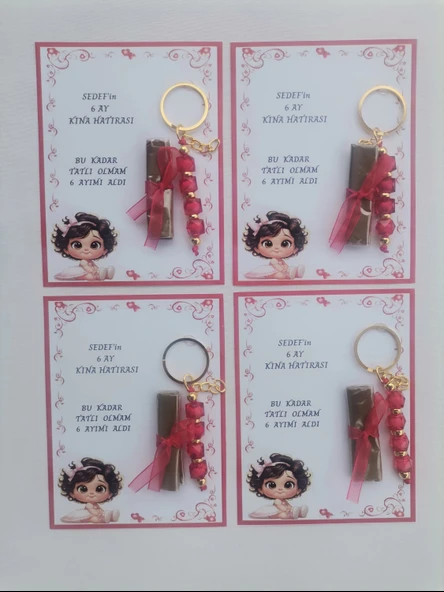 100 Adet Kişiye Özel 6 Ay Kına Hatırası Kırmızı Anahtarlık ve Paketlenmiş Kına Dağıtmalık Hediyelik - Resim 2