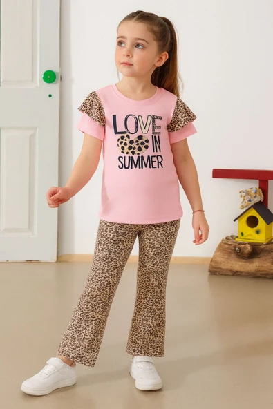 ESİLA KİDS Kız Çocuk Leopar Desenli Yazlık Ikili Takım Kısa Kollu Tişört Ve Tayt ürün görseli
