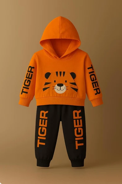 ESİLA KİDS Erkek Çocuk Takım Tiger Baskılı Pamuklu Uzun Kollu Örme Kapüşonlu Eşofman Takım 3-8 Yaş - Resim 2
