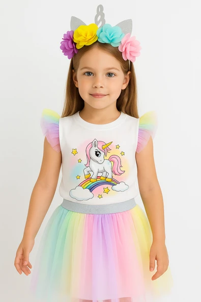 ESİLA KİDS Kız Çocuk Takım Taçlı Unicorn Temalı Tül Detaylı Parti Takımı 2-7 YAŞ ürün görseli