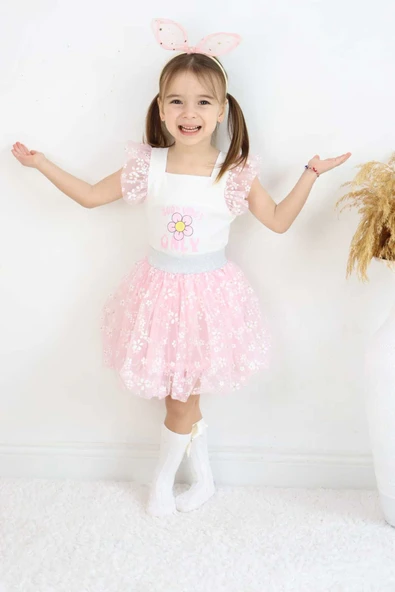 ESİLA KİDS Kız Çocuk Takım Tüllü Balon Etek Ve Üst 2'li Baskılı Kolları Fırfırlı Takım 3-6 Yaş - Resim 2