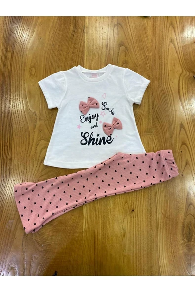 ESİLA KİDS Kız çocuk kalp baskılı taytlı üstü baskılı fiyonk detaylı alt üst takım - Resim 9