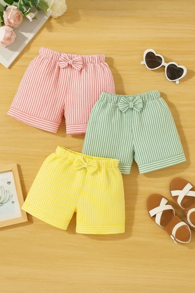ESİLA KİDS 3'lü Kız Çocuk Şort Seti Fiyonklu Çizgili Yazlık Bermuda Rahat Şık Şort 2-6 yaş ürün görseli