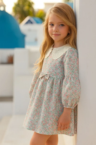 ESİLA KİDS Kız Çocuk Elbise Uzun Kollu Mevsimlik Çiçek Desenli Bebe Yaka Elbise 3-7 YAŞ - Resim 6