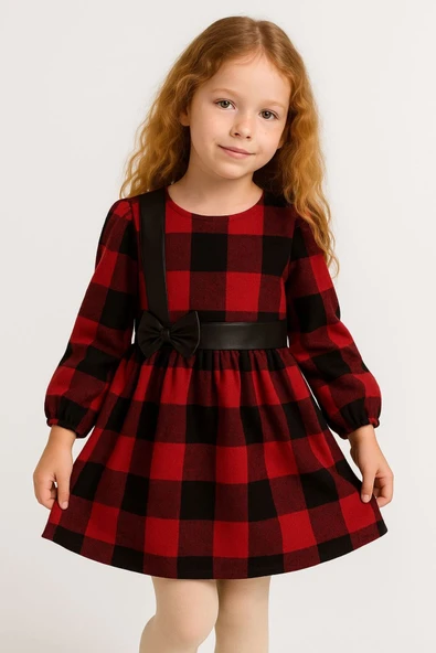 ESİLA KİDS Kız Çocuk Elbise Kırmızı Siyah Ekose Desen Kuşak ve Fiyonk Deri Detaylı Uzun Kollu 3-8 yaş - Resim 2