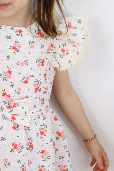 ESİLA KİDS Kız Çocuk Elbise Bayramlık Elbise Çiçek Desenli Fiyonk Detaylı Büzgülü Kollu 3-6 Yaş - Resim 12