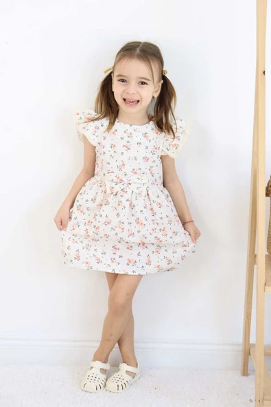 ESİLA KİDS Kız Çocuk Elbise Bayramlık Elbise Çiçek Desenli Fiyonk Detaylı Büzgülü Kollu 3-6 Yaş - Resim 5