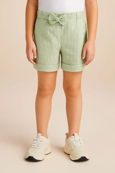 ESİLA KİDS Kız Çocuk Yazlık Şort Çizgili Fiyonklu Rahat Kesim Pamuklu Double Paçalı Bermuda Şort 3-6 yaş - Resim 2