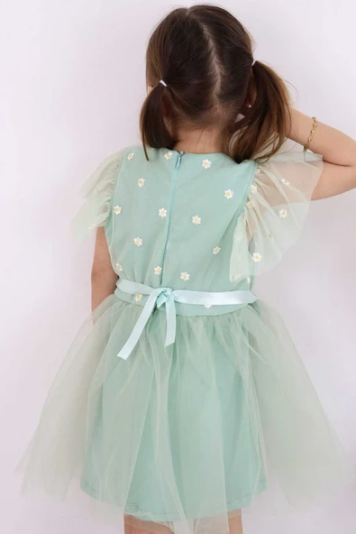 ESİLA KİDS Kız Çocuk Elbise Kemerli Kolu Fırfırlı Tüllü Elbise Astarı Penye Özel Günler Için 2-6 Yaş - Resim 7