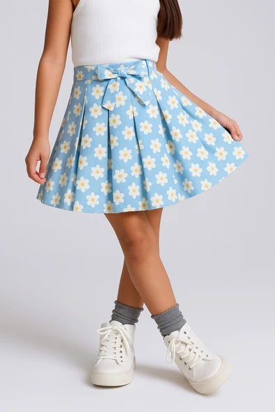 ESİLA KİDS Kız Çocuk Etek Fermuar Kapamalı Çiçek Baskılı Pileli Etek 4-10 Yaş