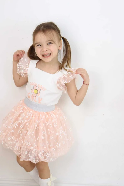 ESİLA KİDS Kız Çocuk Takım Tüllü Balon Etek Ve Üst 2'li Baskılı Kolları Fırfırlı Takım 3-6 Yaş - Resim 7