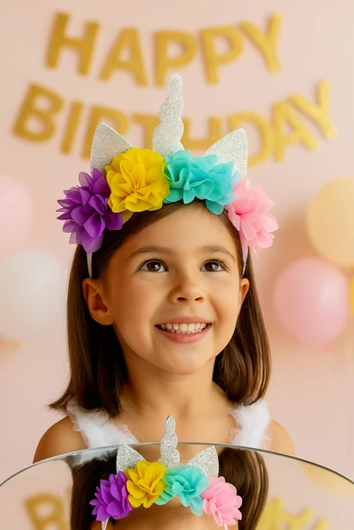 ESİLA KİDS Kız Çocuk Unicorn Taç Renkli Çiçekli ve Simli Boynuzlu Parti Saç Aksesuarı - Resim 2