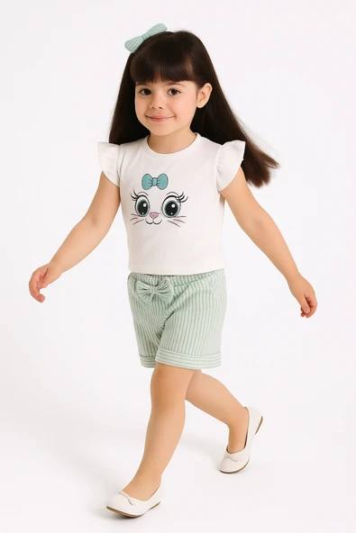 ESİLA KİDS Kız Çocuk Fiyonklu Şortlu Takım Yazlık Pamuklu Sevimli Baskılı 2'li Takım 2-5 Yaş - Resim 8