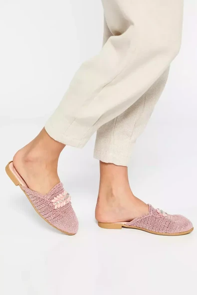 Önü Kapalı Taşlı Hasırlı Kadın Terlik Pembe TZL-P-00010906 - 3