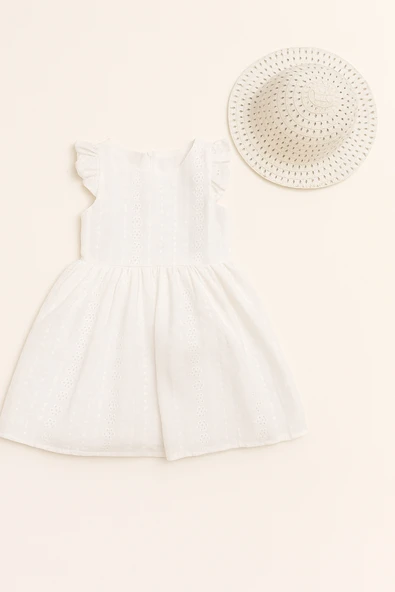 ESİLA KİDS Kız Çocuk Elbise Dantelli Kolsuz Yazlık Elbise Şapka Kombinli Plaj Takımı Ekru Günlük Elbise 2-7 Yaş - Resim 2