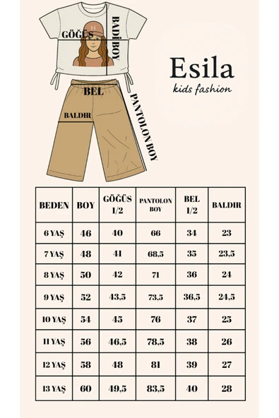 ESİLA KİDS Kız Çocuk Takım Şapkalı Kız Baskılı Tişört Ve Bej Bol Paça Pantolon Alt Ve Üst Takım 6-13 Yaş - 6