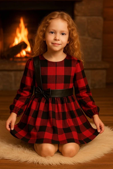 ESİLA KİDS Kız Çocuk Elbise Kırmızı Siyah Ekose Desen Kuşak ve Fiyonk Deri Detaylı Uzun Kollu 3-8 yaş - Resim 3