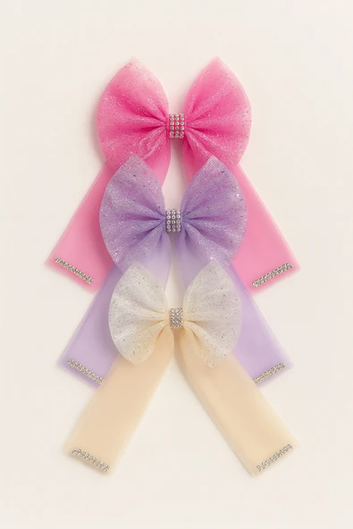 ESİLA KİDS Kız Çocuk Toka Simli Taşlı Tül Fiyonk Toka 3'lü Set Renkli ve Parlak Tasarım