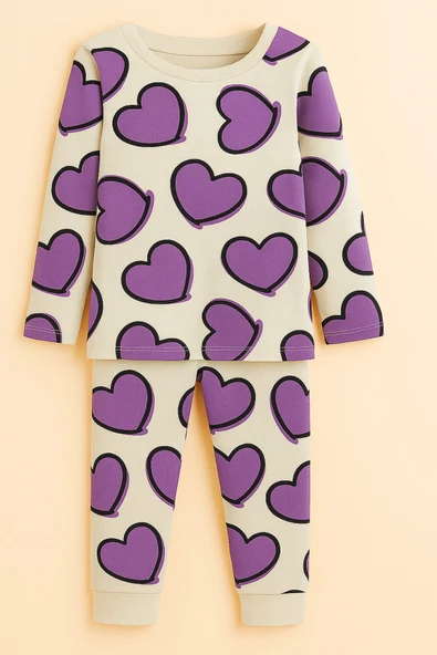 ESİLA KİDS Kız Çocuk Takım Kalp Desenli Uzun Kollu Pamuklu Kız Çocuk Pijama Takımı 2-6 yaş - Resim 5