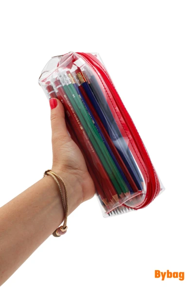 Kırmızı Fermuarlı Kaliteli PVC Şeffaf Kalemlik Makyaj Çantası Kalem Kutusu - 3