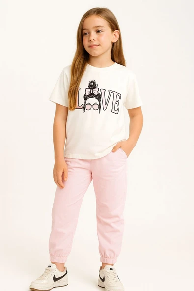 ESİLA KİDS Kız Çocuk Eşofman Takımı Penye Kısa Kollu Baskılı Üst Ve Cepli Lastikli Paça Alt 10-13 Yaş - Resim 7