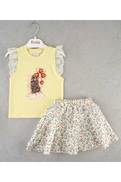 ESİLA KİDS Kız çocuk baskılı şort etekli badili takım 3-6 - Resim 5