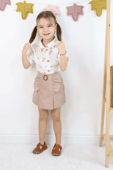 ESİLA KİDS Kız Çocuk Etekli Şortlu Takım Bayramlık Çiçek Desenli Gömlek 3-6 Yaş - 10