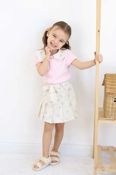 ESİLA KİDS Kız Çocuk Bebe Yakalı Çiçek Desenli Şort Etek Takım Yazlık Günlük Kombin 3-6 yaş - 8