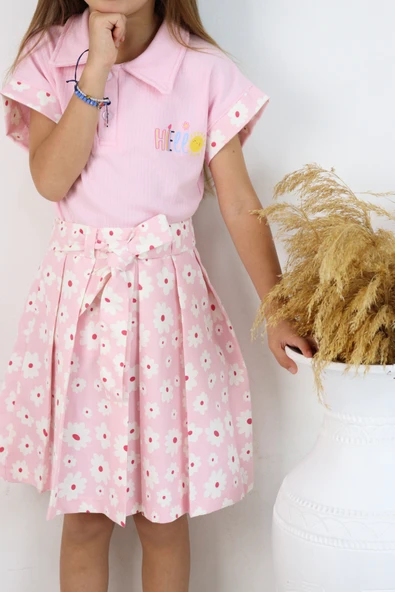 ESİLA KİDS Kız Çocuk Takım Polo Yaka Çiçek Desenli Kemerli Pileli Etek 2’li Takım Yazlık Kombin 4-8 yaş - 7