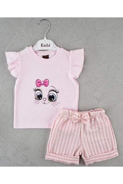 ESİLA KİDS Kız Çocuk Fiyonklu Şortlu Takım Yazlık Pamuklu Sevimli Baskılı 2'li Takım 2-5 Yaş - Resim 2